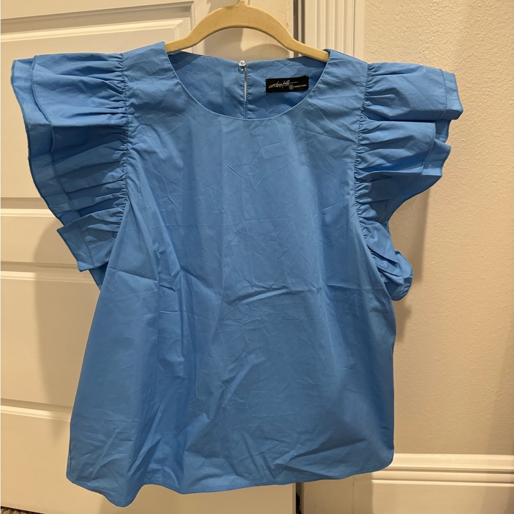NWOT, Blue Ruffle Sleeved Shirt, Size M
